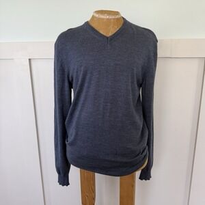 Tahari Merino Wool Sweater Mens MED Blue Preppy V-Neck Pullover Made In Italy